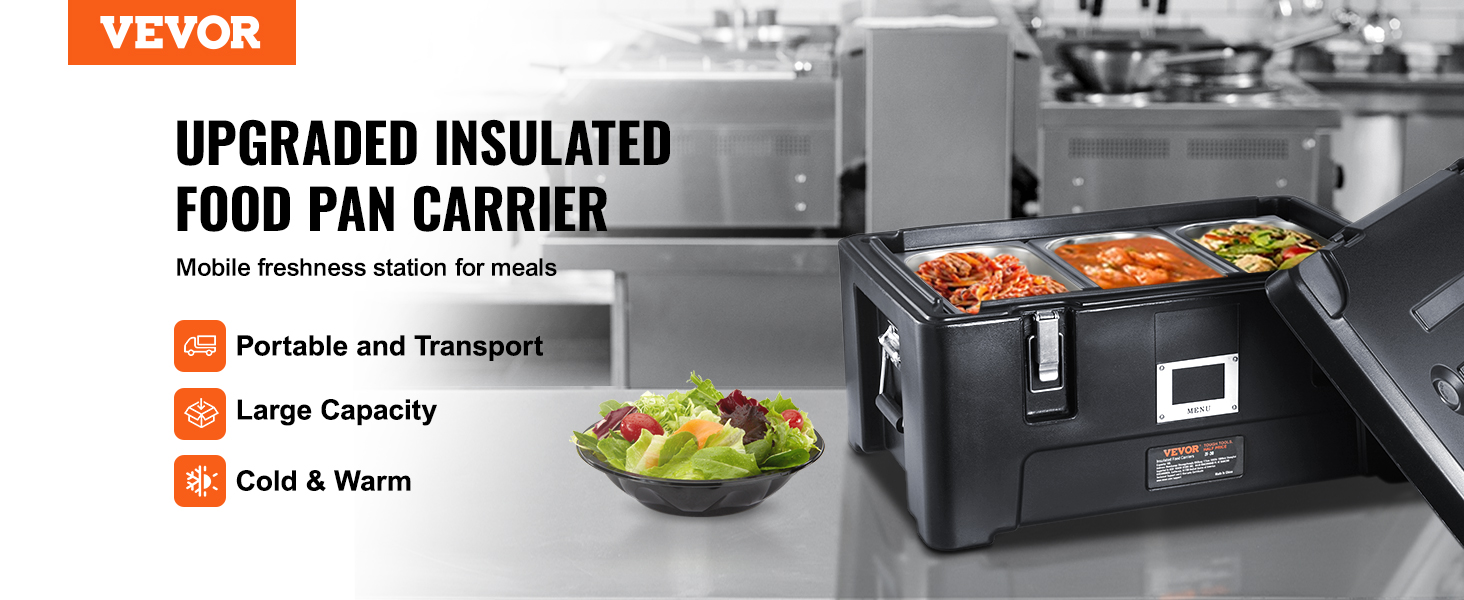 VEVOR insulated food pan carrier showcasing portability, large capacity, and temperature control.