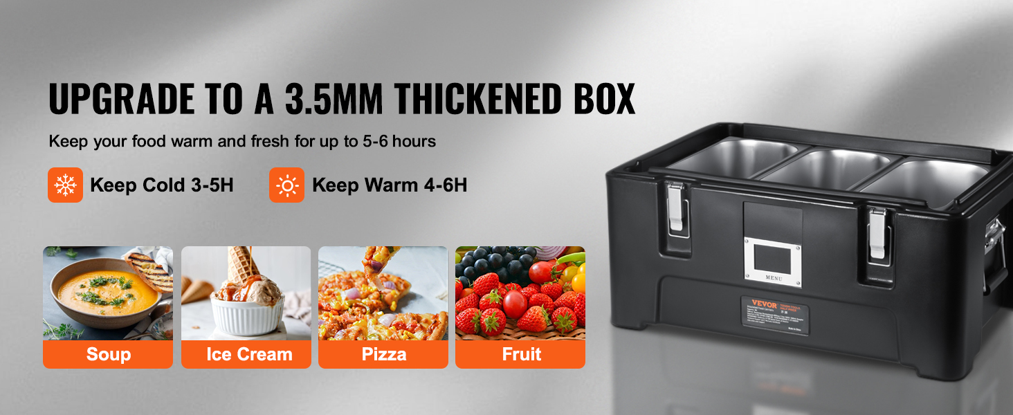 VEVOR insulated food pan carrier, 3.5mm thick, retains food temperature for hours.