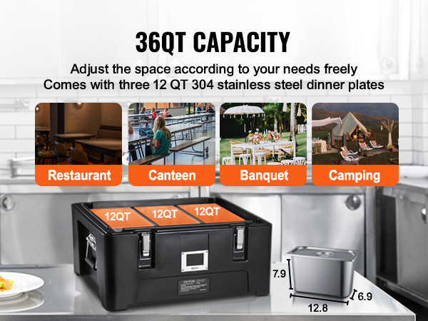 VEVOR insulated food pan carrier with 36qt capacity, ideal for restaurants and banquets.