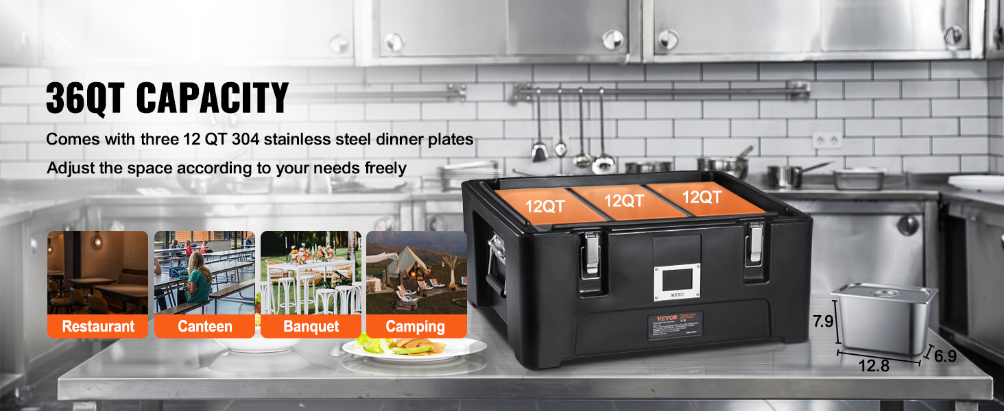 VEVOR insulated food pan carrier with 36qt capacity, ideal for restaurants and banquets.