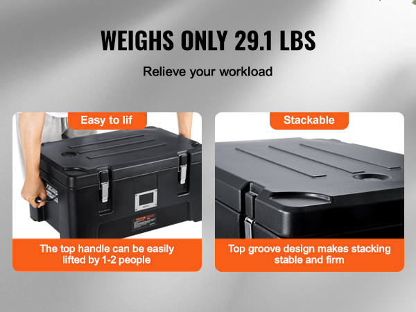 VEVOR insulated food pan carrier, lightweight at 29.1 lbs, easy to lift, and stackable.