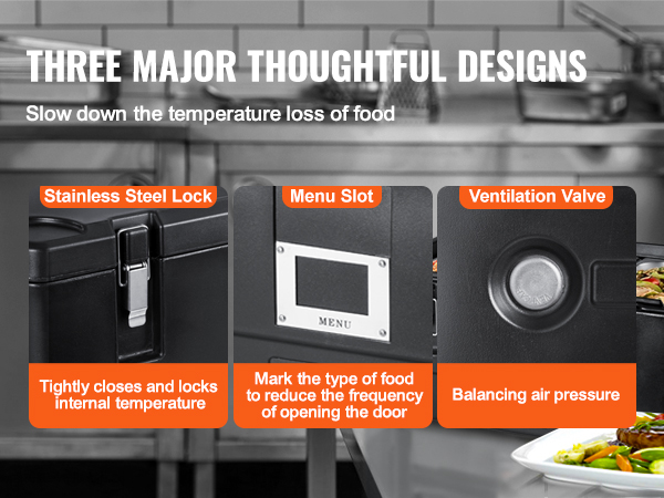 VEVOR insulated food pan carrier with stainless steel lock, menu slot, and ventilation valve.