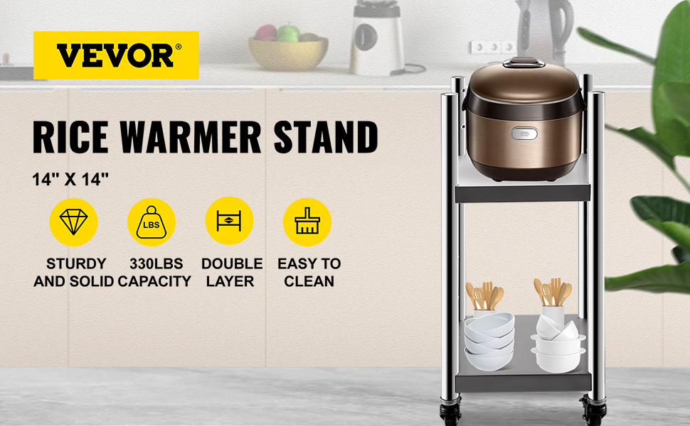 VEVOR rice warmer stand, 14"x14", sturdy, 330lbs capacity, double layer, easy to clean.