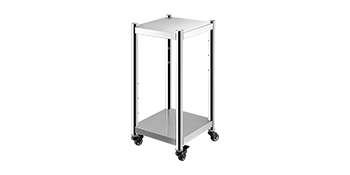 stainless steel VEVOR rice warmer stand with two-tier shelving and caster wheels.