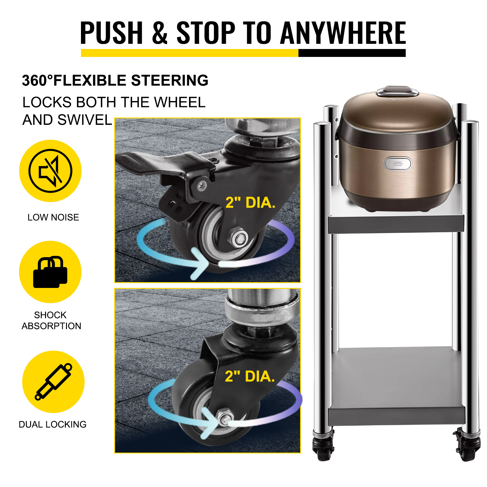 VEVOR rice warmer stand with dual locking wheels, low noise, and shock absorption.