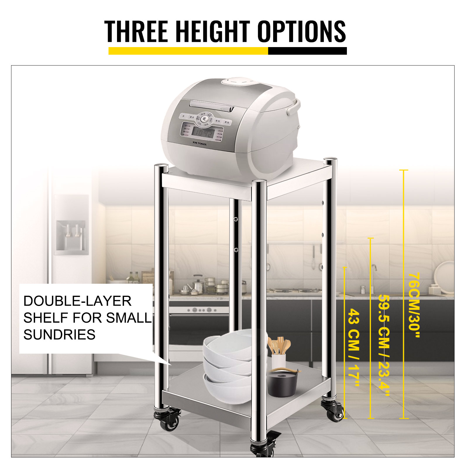 VEVOR rice warmer stand with adjustable heights and double-layer shelf for sundries.