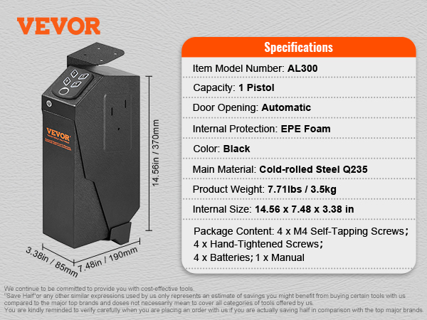 VEVOR mounted biometric gun safe, al300, cold-rolled steel, holds 1 pistol, automatic door opening.