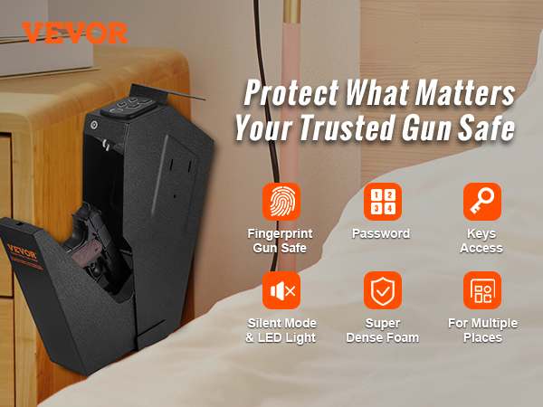 VEVOR mounted biometric gun safe next to a bed, featuring fingerprint, password, and keys access.