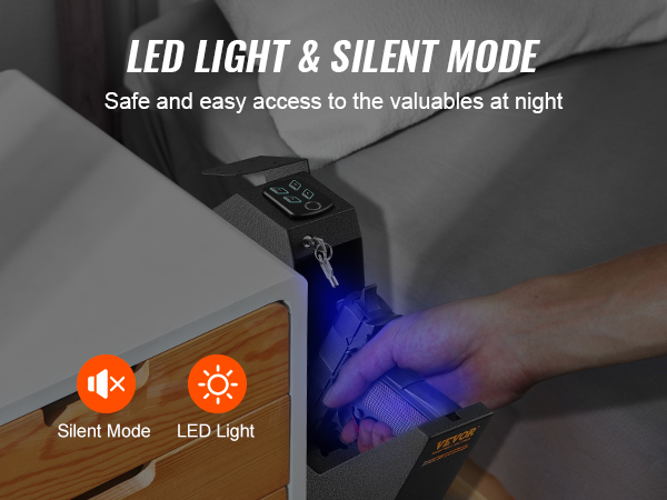 VEVOR mounted biometric gun safe with led light and silent mode for secure nighttime access.