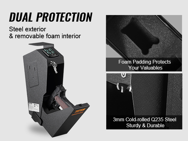 VEVOR mounted biometric gun safe with foam padding and durable steel exterior for dual protection.