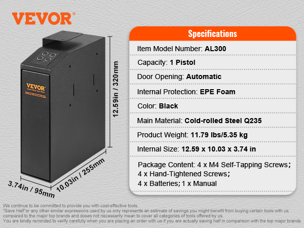 VEVOR mounted biometric gun safe al300, black, fits 1 pistol, automatic door, epe foam padding.