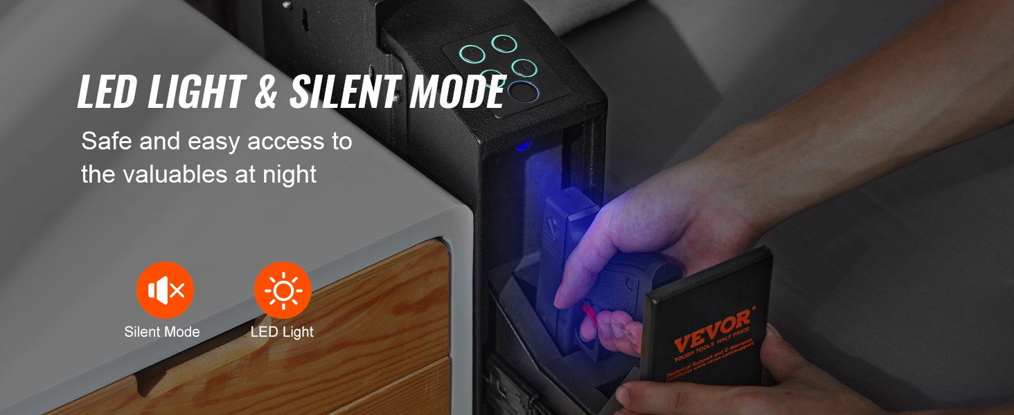 VEVOR mounted biometric gun safe with led lighting and silent mode for nighttime access.