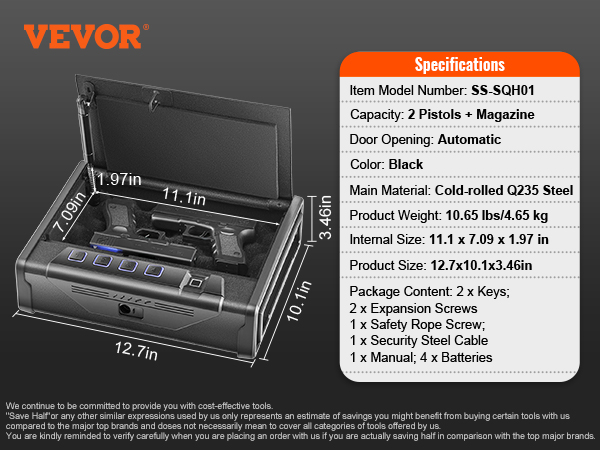 VEVOR biometric gun safe with two pistols, magazine, and accessories, model ss-sqh01, black steel.