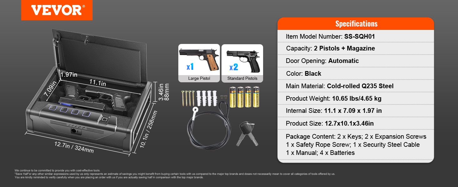 VEVOR biometric gun safe with two pistols, magazine, and accessories, model ss-sqh01, black steel.