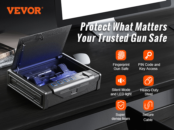 VEVOR biometric gun safe on desk, showcasing fingerprint access, heavy-duty steel, and secure cable.