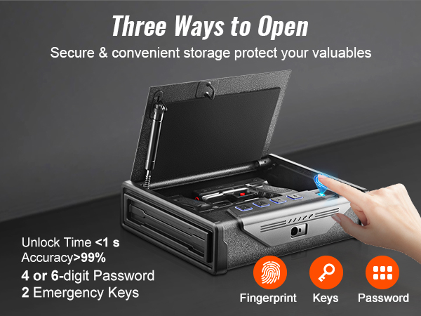 VEVOR biometric gun safe with fingerprint, key, and password options for secure, quick access.
