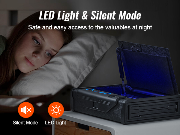 VEVOR biometric gun safe on a nightstand with led light and silent mode options displayed.
