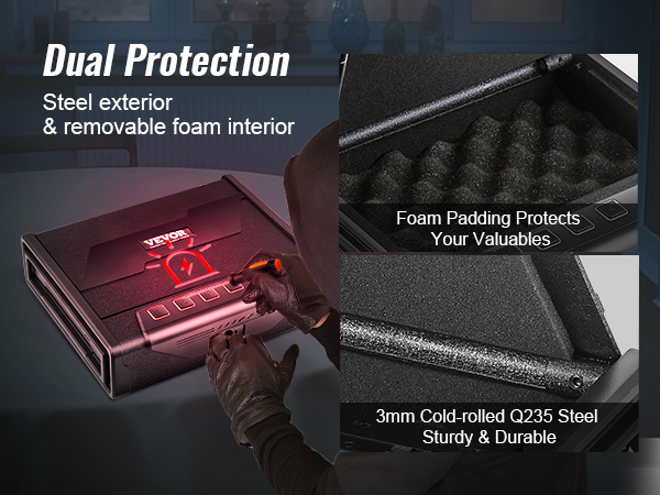 VEVOR biometric gun safe features a steel exterior, foam interior, and advanced security technology.