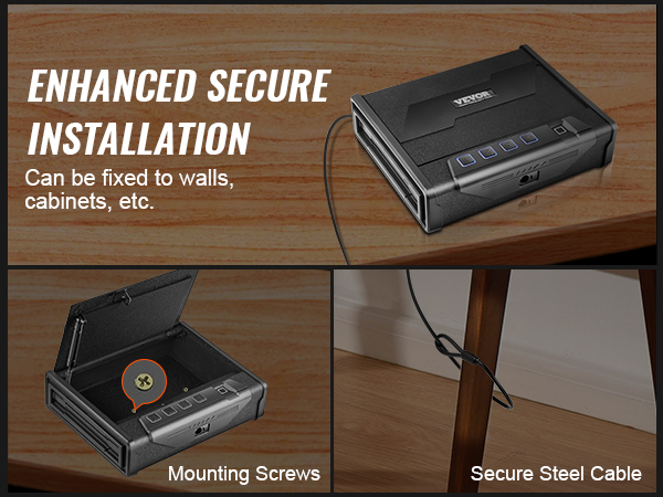 VEVOR biometric gun safe with mounting screws and secure steel cable for enhanced installation.