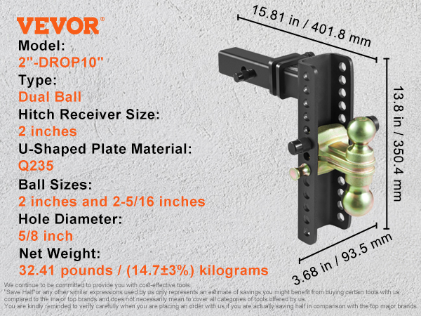 VEVOR adjustable trailer hitch, dual ball, 2-inch receiver, 10-inch adjustment range, matte black finish.