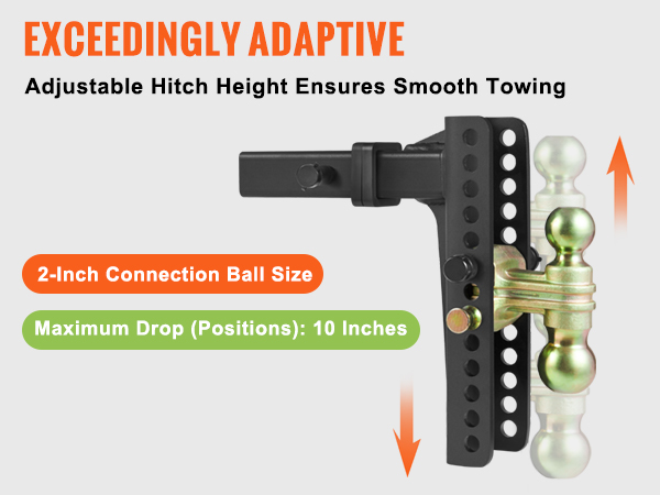 VEVOR adjustable trailer hitch with 2-inch ball, 10 positions, 1-inch increment for smooth towing.