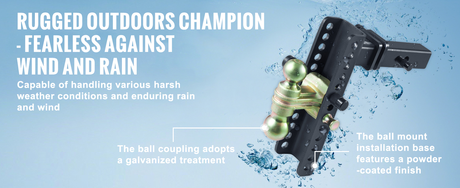 VEVOR adjustable trailer hitch with galvanized ball coupling, powder-coated mount base, splash resistance.