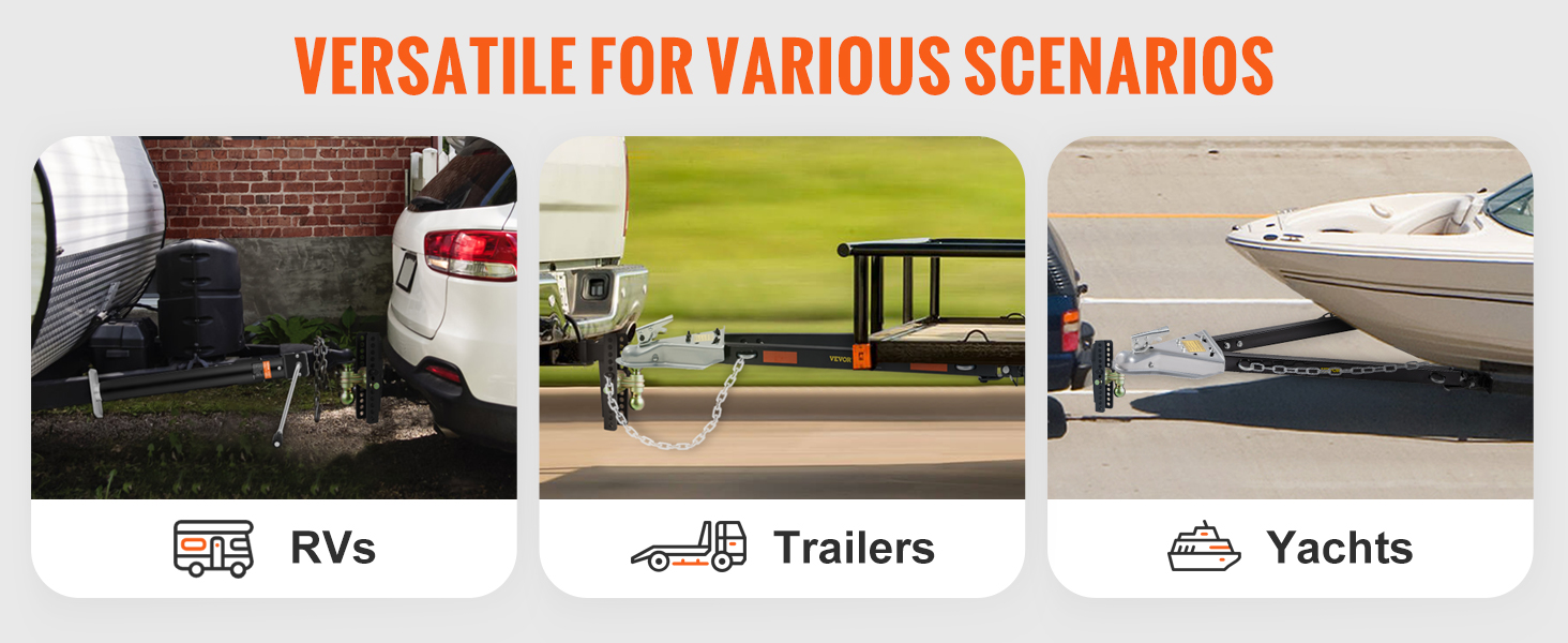 VEVOR adjustable trailer hitch attached to rvs, trailers, and yachts, showcasing versatility.