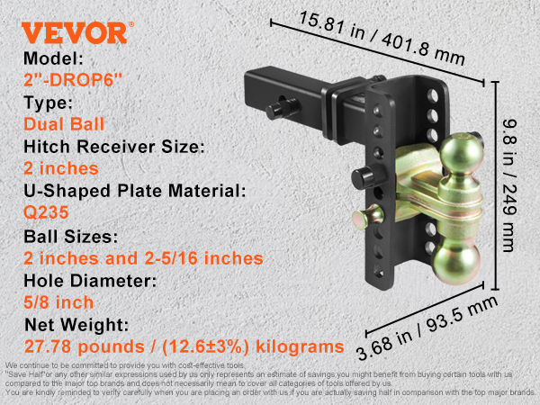 VEVOR adjustable trailer hitch, dual ball, matte black powder coating, q235 steel, 6-inch adjustment range.