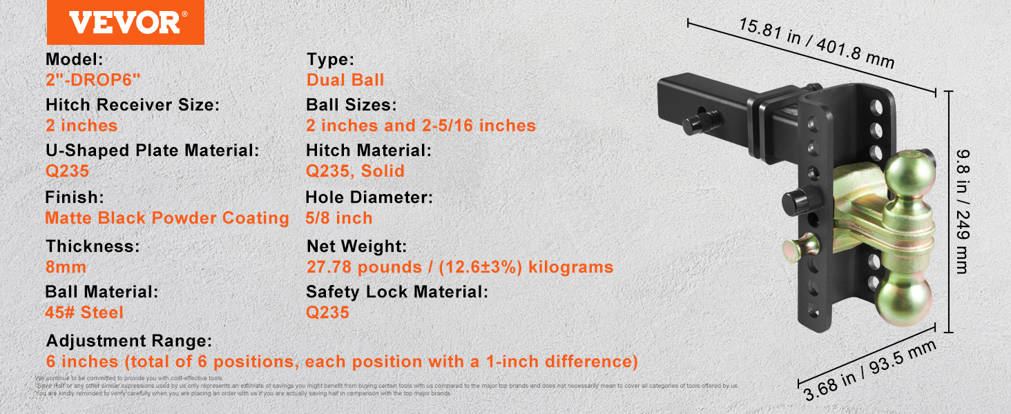 VEVOR adjustable trailer hitch, dual ball, matte black powder coating, q235 steel, 6-inch adjustment range.