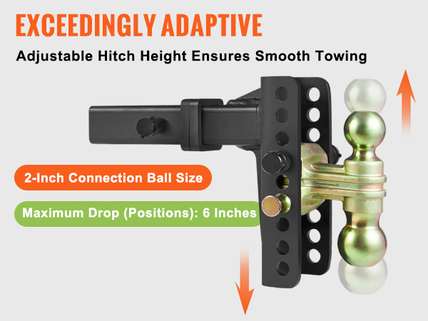 VEVOR adjustable trailer hitch with 2-inch connection ball, 6 positions, and 1-inch increments.