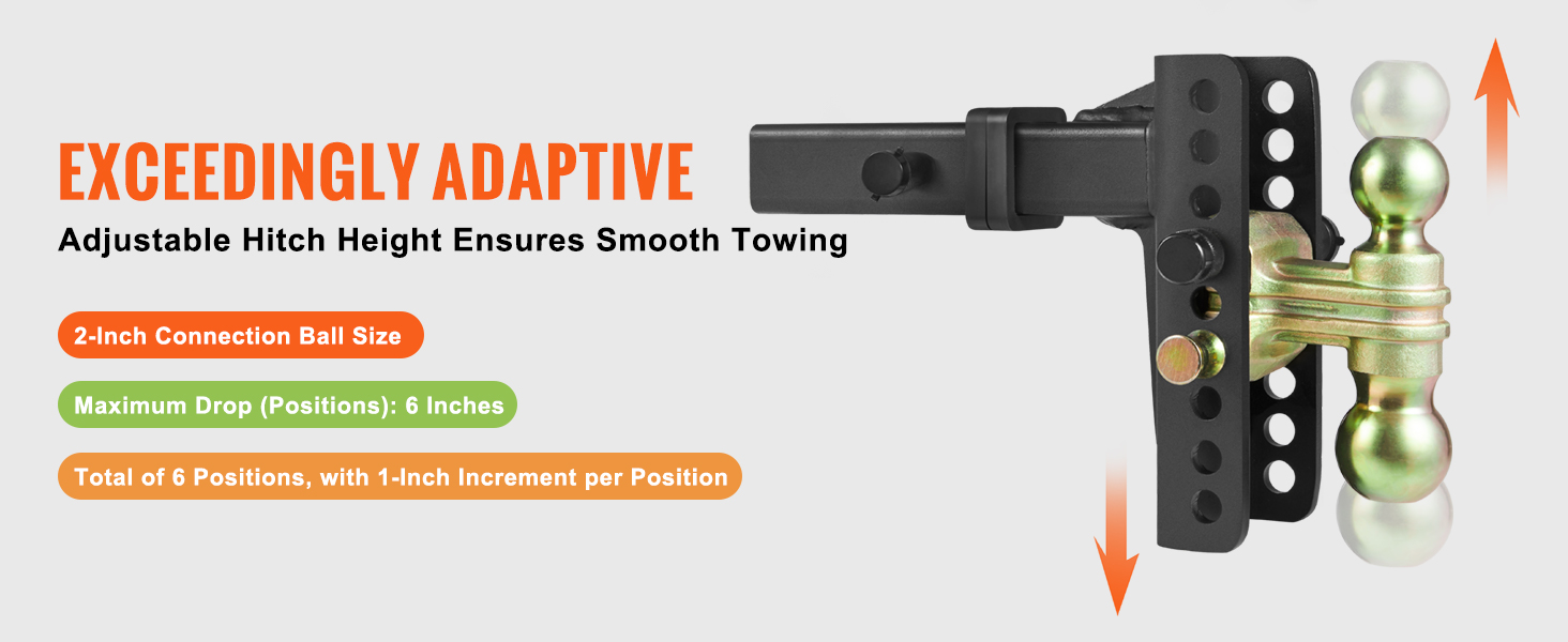 VEVOR adjustable trailer hitch with 2-inch connection ball, 6 positions, and 1-inch increments.