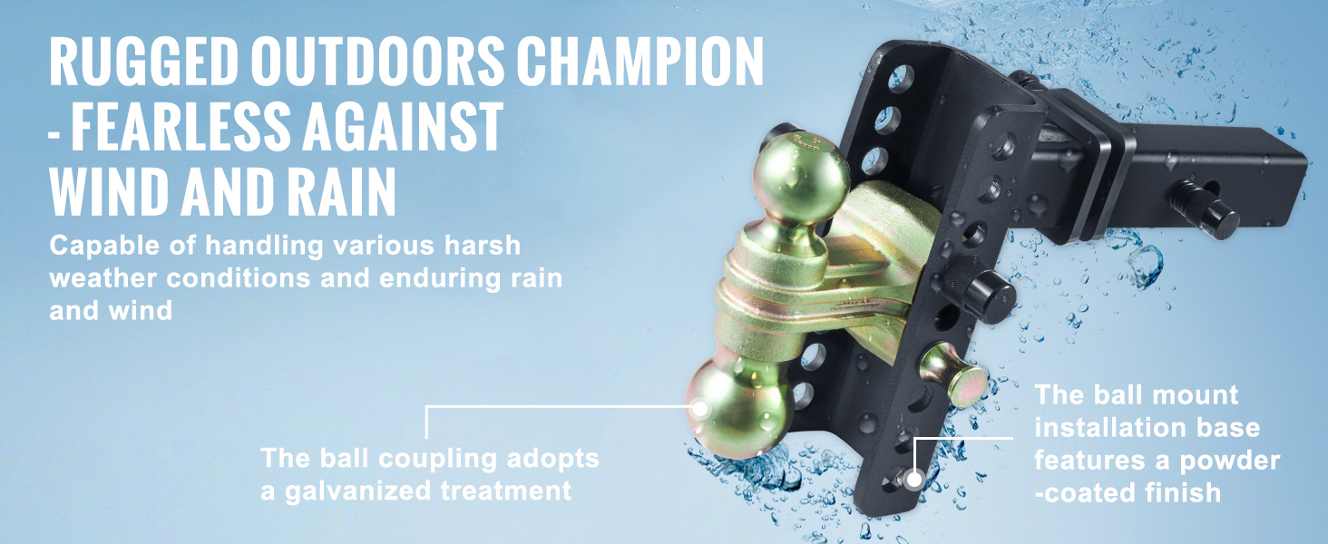 VEVOR adjustable trailer hitch with dual ball mounts, ready for harsh weather, rain, and wind resistance.