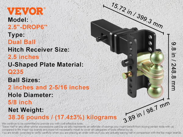 VEVOR adjustable trailer hitch with dual ball, 2.5 inches hitch receiver, and 6 inches adjustment range.