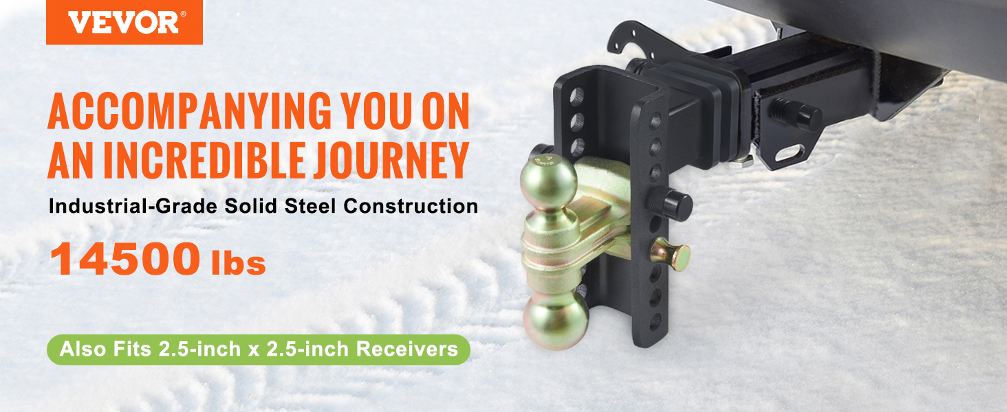 VEVOR adjustable trailer hitch, solid steel construction supports 14500 lbs, fits 2.5-inch receivers.