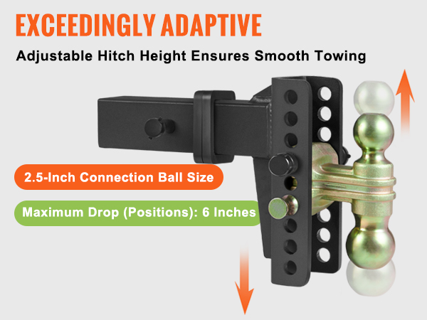 VEVOR adjustable trailer hitch with 2.5-inch ball, 6 positions, 6-inch drop, and 1-inch increments.