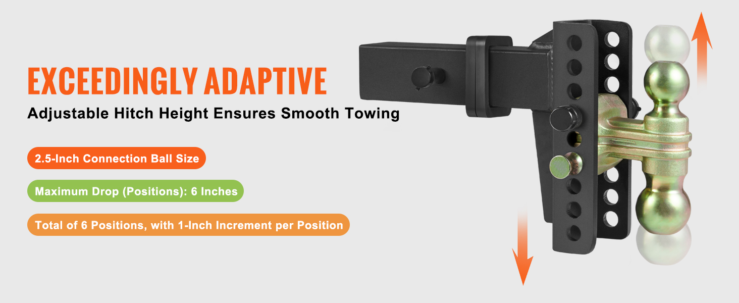 VEVOR adjustable trailer hitch with 2.5-inch ball, 6 positions, 6-inch drop, and 1-inch increments.