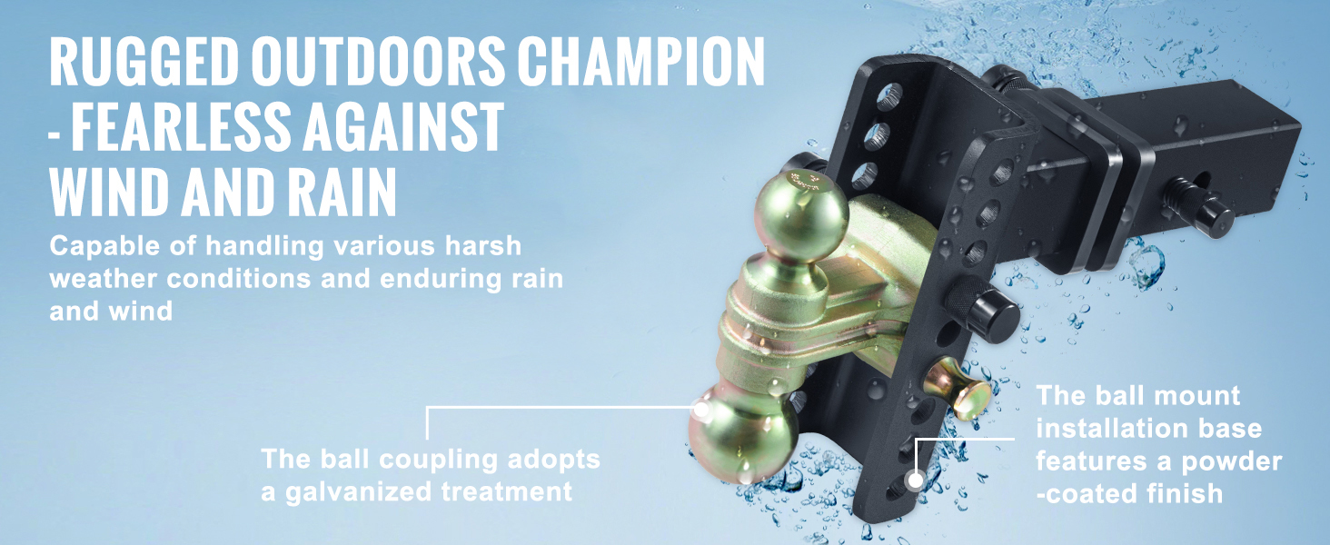 VEVOR adjustable trailer hitch rugged outdoors champion, endures harsh weather, with galvanized ball coupling.