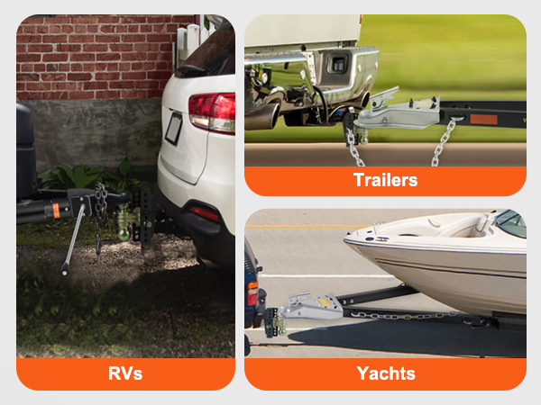 VEVOR adjustable trailer hitch towing rvs, trailers, and yachts, highlighting its versatility.