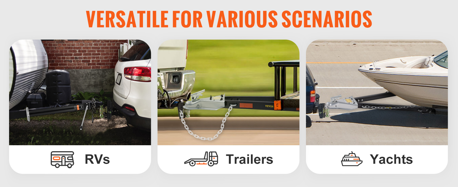 VEVOR adjustable trailer hitch towing rvs, trailers, and yachts, highlighting its versatility.