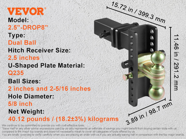 VEVOR adjustable trailer hitch with dual ball, 2.5-inch receiver, q235 steel, black powder coating.