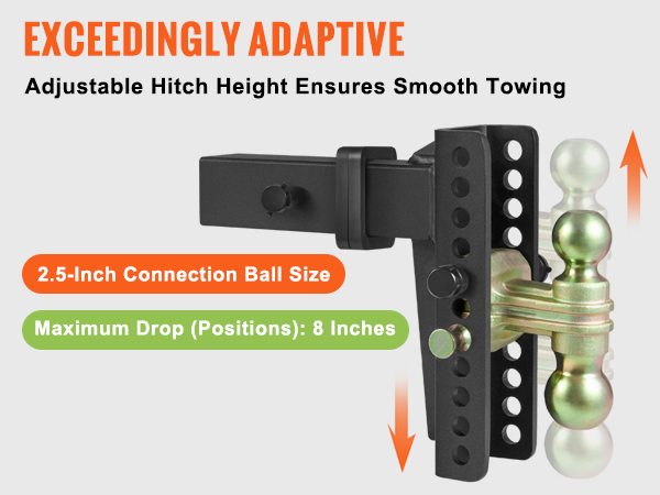 VEVOR adjustable trailer hitch for smooth towing with 2.5-inch connection ball, 8 positions, 1-inch increments.
