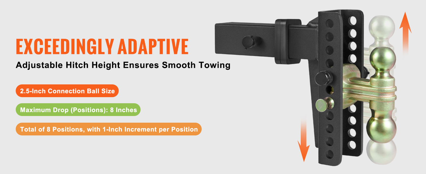 VEVOR adjustable trailer hitch for smooth towing with 2.5-inch connection ball, 8 positions, 1-inch increments.