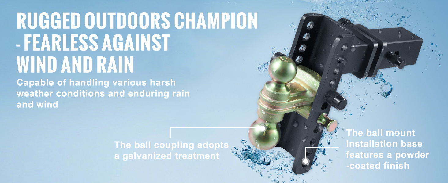 VEVOR adjustable trailer hitch with galvanized ball coupling and powder-coated mount against a blue backdrop.