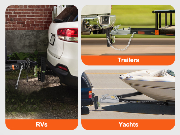 VEVOR adjustable trailer hitch towing rv, trailer, yacht with "versatile for various scenarios" text.