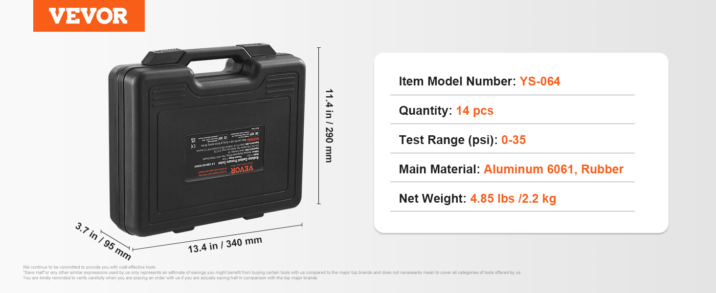 black VEVOR radiator pressure tester case with specifications: 14 pcs, 0-35 psi, and 4.85 lbs.