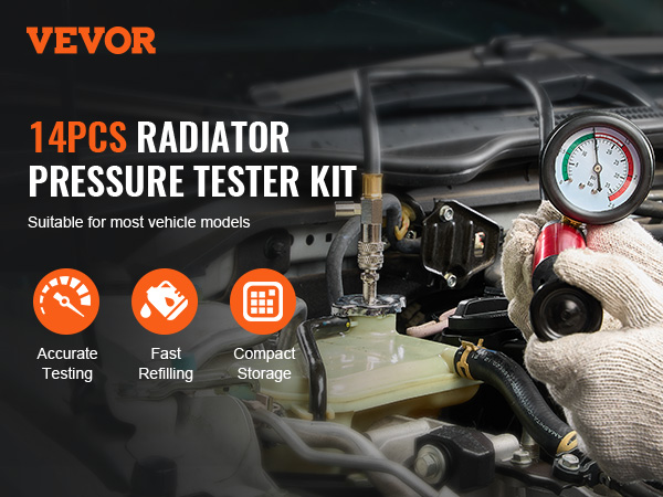 VEVOR radiator pressure tester kit with 14pcs, suitable for most vehicles, accurate testing, fast refilling.