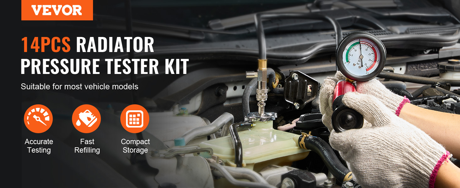 VEVOR radiator pressure tester kit with 14pcs, suitable for most vehicles, accurate testing, fast refilling.