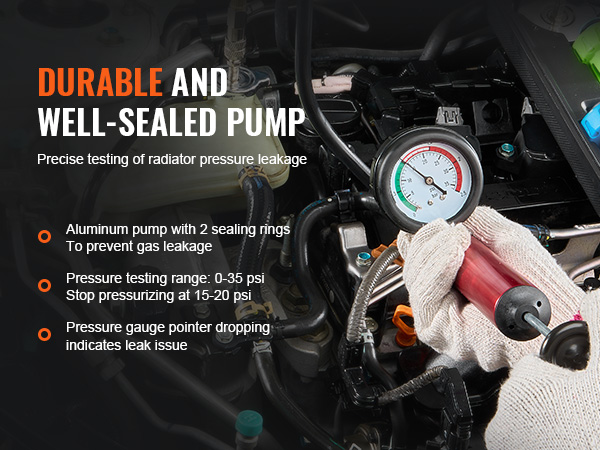 durable and well-sealed VEVOR radiator pressure tester showcasing tested engine components and gauge.