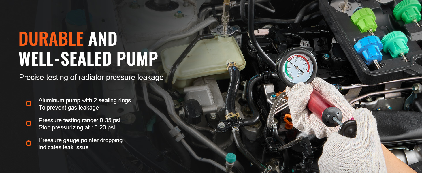durable and well-sealed VEVOR radiator pressure tester showcasing tested engine components and gauge.