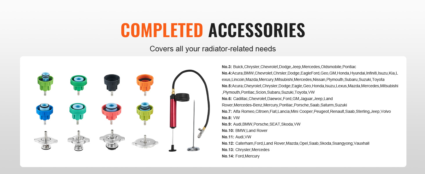 completed accessories for VEVOR radiator pressure tester with various adapters and detailed compatibility list.